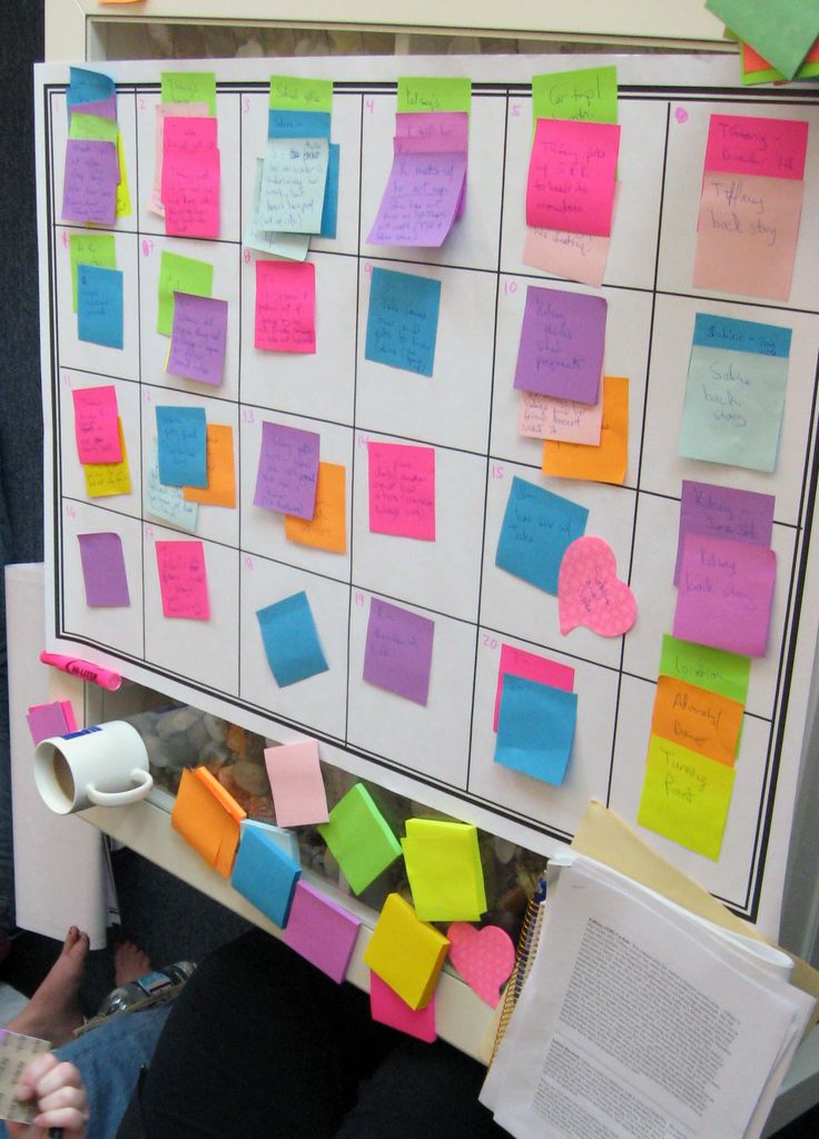 a bulletin board with sticky notes attached to it and coffee mugs on the desk