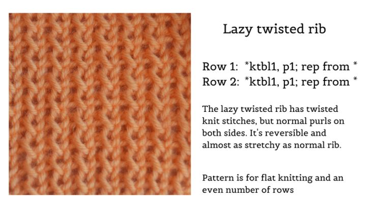 the knitting pattern for lazy twisted rib is shown in red and orange colors, with text describing