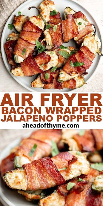 bacon wrapped jalapeno poppers on a plate with the words air fryer bacon wrapped jalapeno poppers