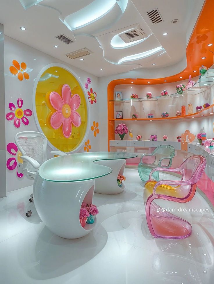 the interior of a store with brightly colored furniture and flowers painted on the wall behind it