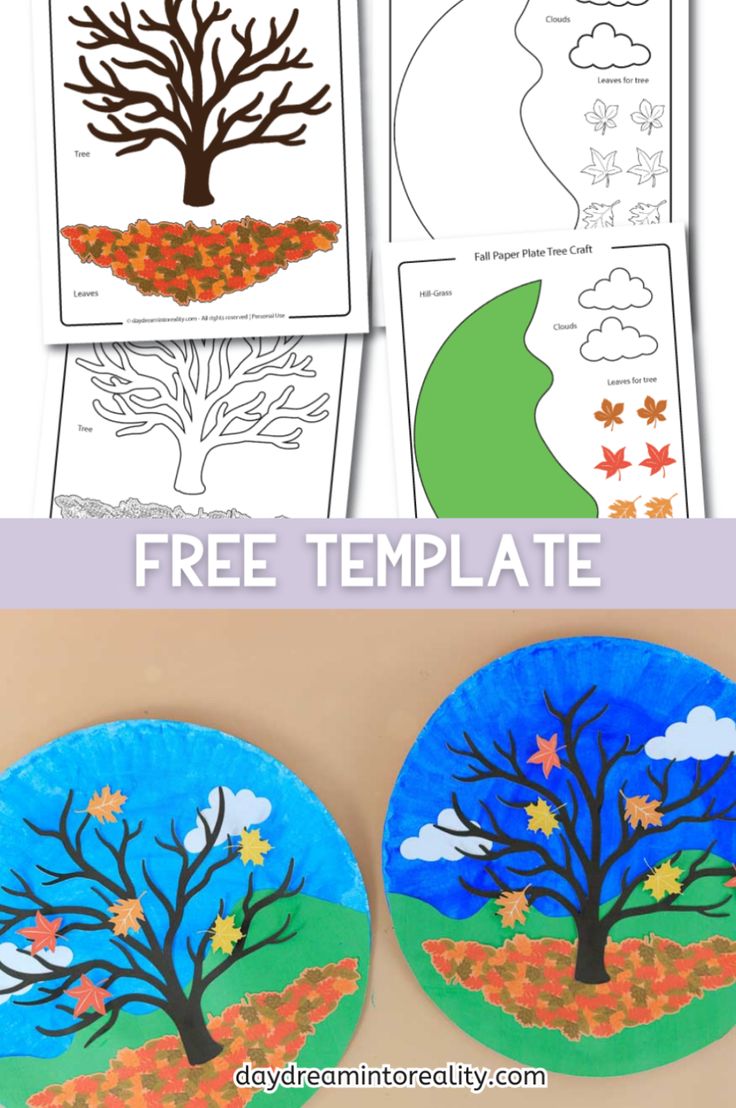 two paper plates with trees and leaves on them