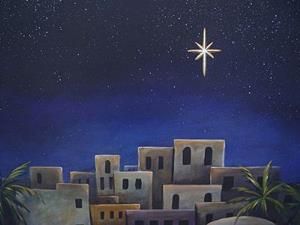 a painting of a town with a star above it