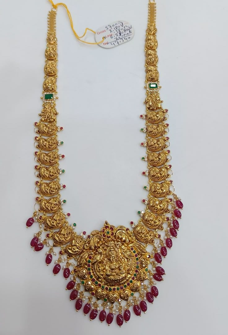 Chandbali Haram Designs Gold, Kasulaperu Necklace Designs, Temple Jewellery Long Haram, Gold Jewels Design Long Necklace, Nakshi Haram Designs, 40 Grams Gold Haram Designs, 30 Grams Gold Haram Designs, 50grams Gold Haram, Mango Haram Designs