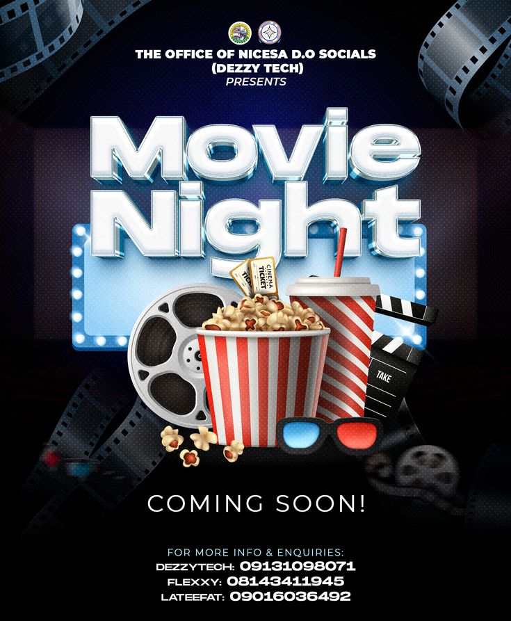 the movie night flyer is shown with popcorn and movies