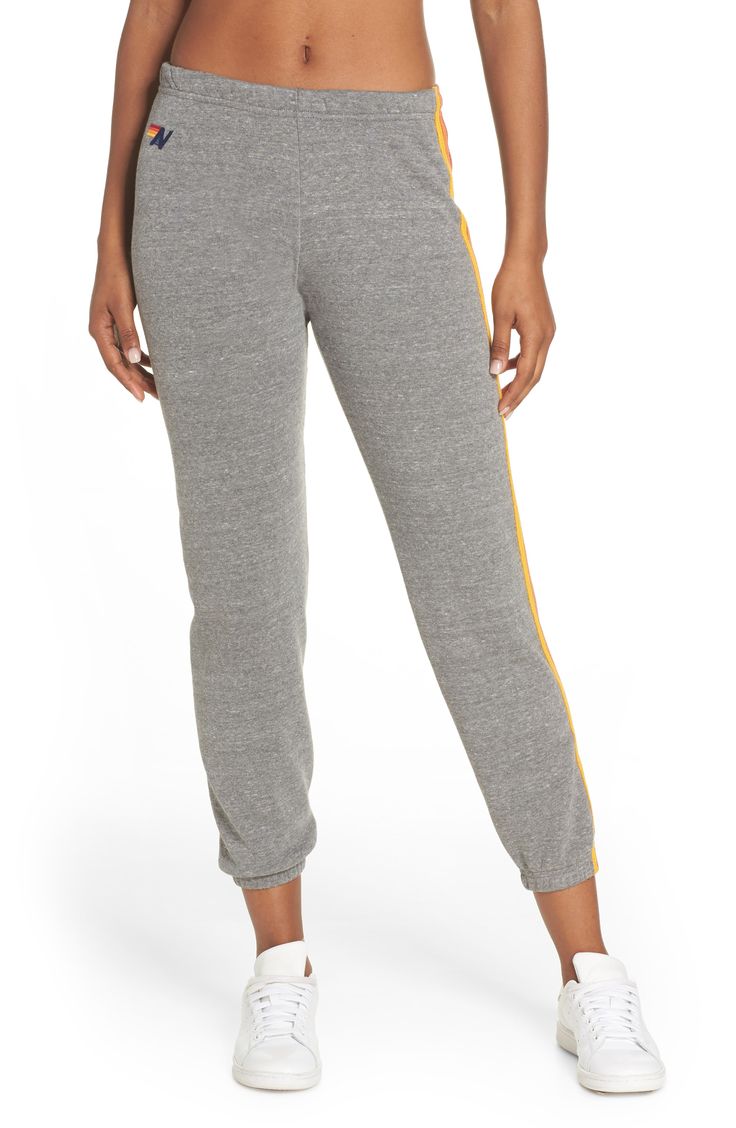 Super comfortable and hand sewn in Los Angeles, these sweats have gone through an intense breaking-down process to give it a vintage feel you'll love. Style Name:Aviator Nation Stripe Sweatpants. Style Number: 5402256. Available in stores. Cozy Cotton Sweats For Jogging, Sporty Mid-rise Bottoms For Loungewear, Athleisure Pants With Double-needle Hem For Loungewear, Cotton Straight Leg Sweats In Athleisure Style, Cotton Athleisure Sweats With Straight Leg, Sporty Mid-rise Pants With Comfort Waistband, Sporty Cotton Bottoms With Ribbed Cuffs, Cotton Bottoms With Double-needle Bottom Hem For Loungewear, Sweats With Double-needle Bottom Hem For Loungewear