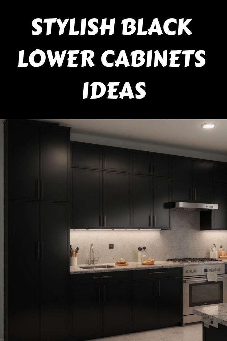 Stylish modern kitchen with black lower cabinets and granite countertops. Hardware On Black Cabinets, Black Lower Cabinets, Cabinet Inspiration, Lower Cabinets, Black Cabinet Hardware, Natural Stone Countertops, Mosaic Tile Backsplash, Cabinets Ideas, Kitchen Games