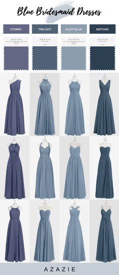 blue bridesmaid dresses in different colors and sizes, with the names below them