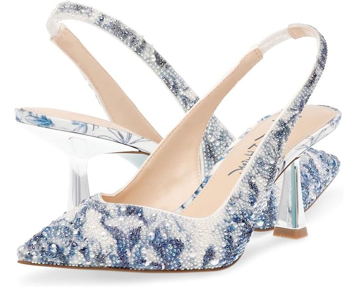 Blue by Betsey Johnson Clark Royal Heels, Blue And White Heels, Silver Kitten Heels, Blue Wedding Decorations, Blue By Betsey Johnson, Flower Heels, Aesthetic Clothing Stores, Into The Blue, Blue Wedding Shoes