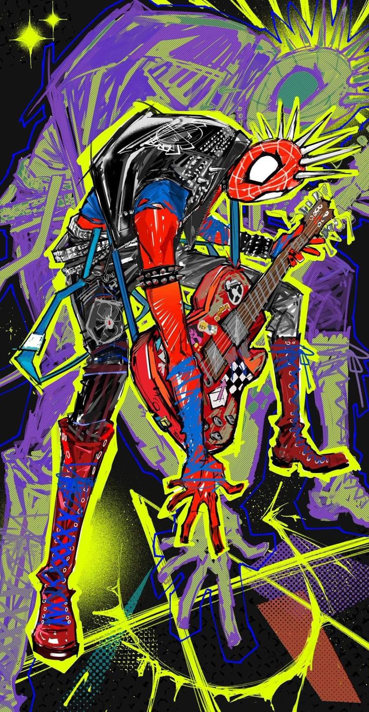 an image of a man playing guitar in the style of deadpooler with neon colors