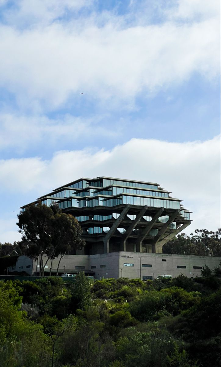 the building has many windows and is surrounded by trees