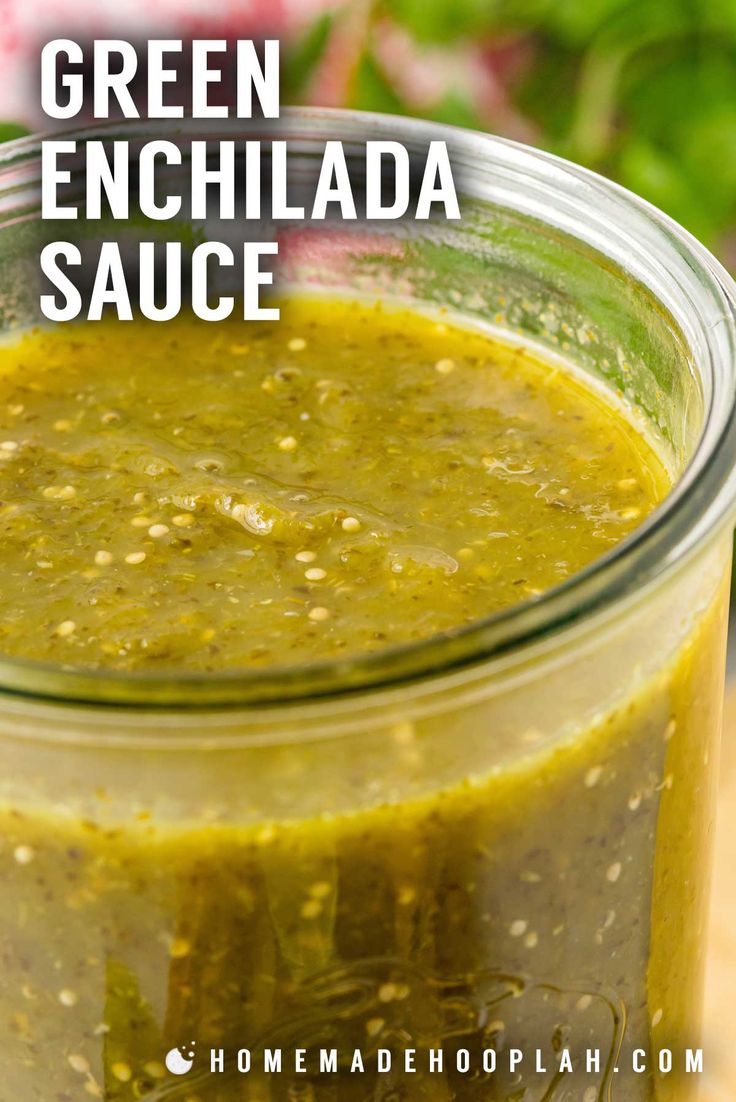 a jar filled with green enchilada sauce