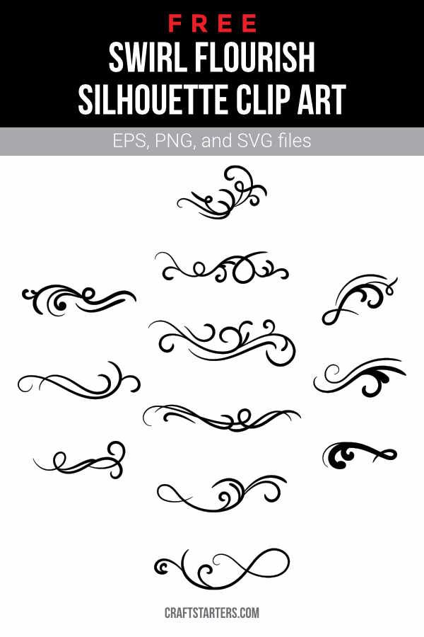 the swirl flourish silhouette clip art is shown in black and white, with text below it