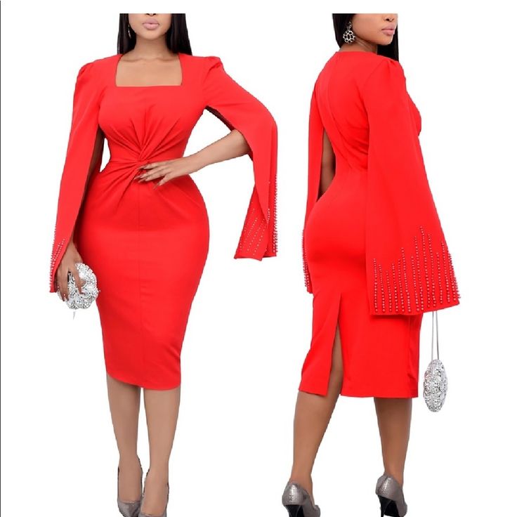 Pearls Long Sleeve Midi Squared Neck Red Pleated Size M Elegant Red Midi Dress For Date Night, Elegant Red Asymmetrical Midi Dress, Red Knee-length Midi Dress For Date Night, Red Midi Dress For Date Night, Knee-length, Red Midi Dress For Work In Fall, Chic Red Mid-length Dress, Elegant Red Mid-length Dress, Elegant Red Midi Dress For Fall, Red Midi Dress For Fall Date Night