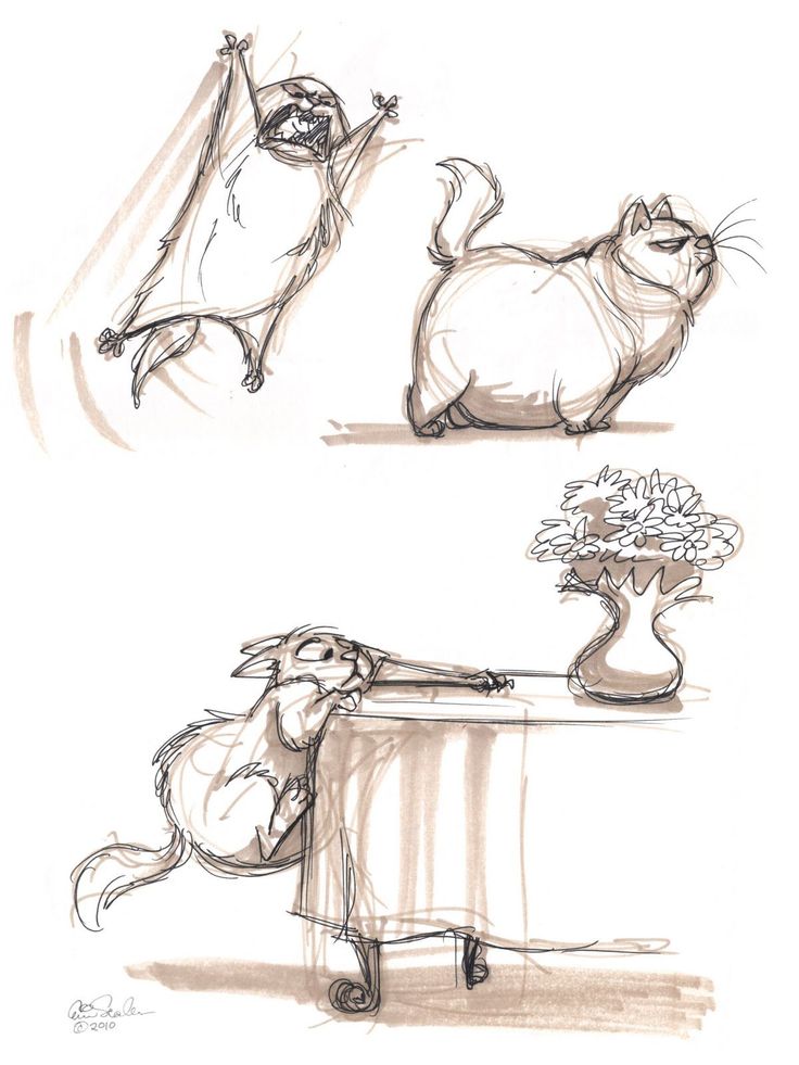 two drawings of cats sitting at a table and one is holding a vase with flowers