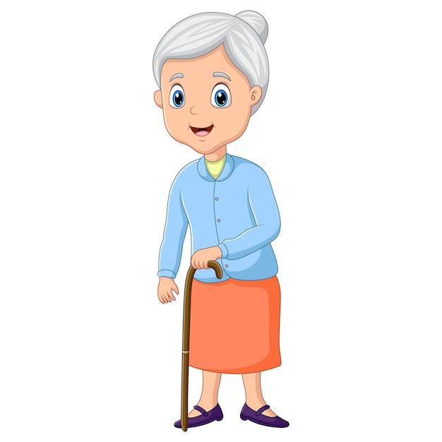 an old woman with a cane is standing and smiling at the camera, wearing blue shirt and orange skirt