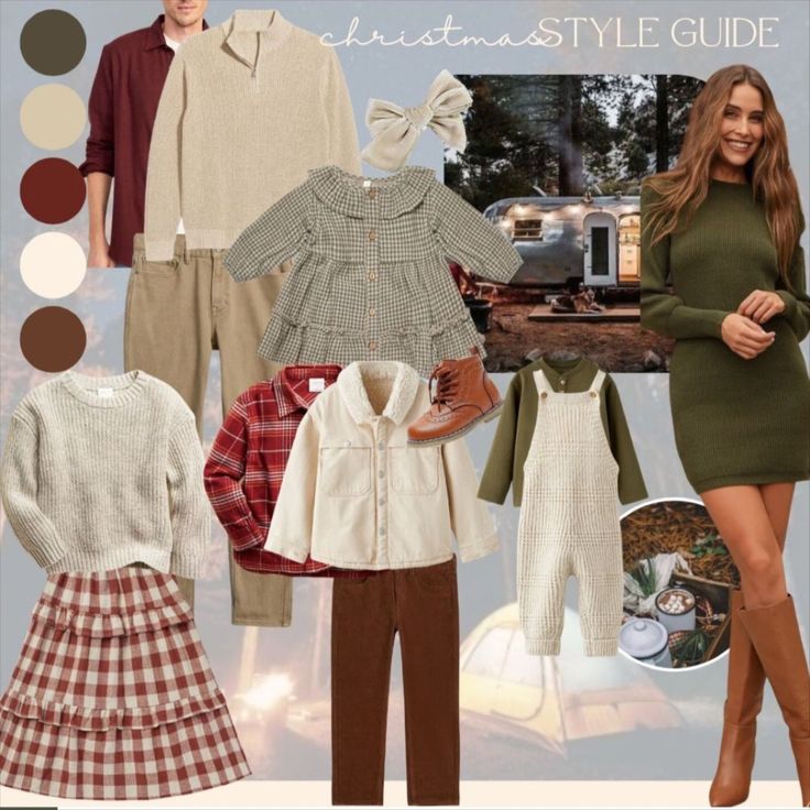 a collage of clothing and accessories including sweaters, dresses, boots, and shoes