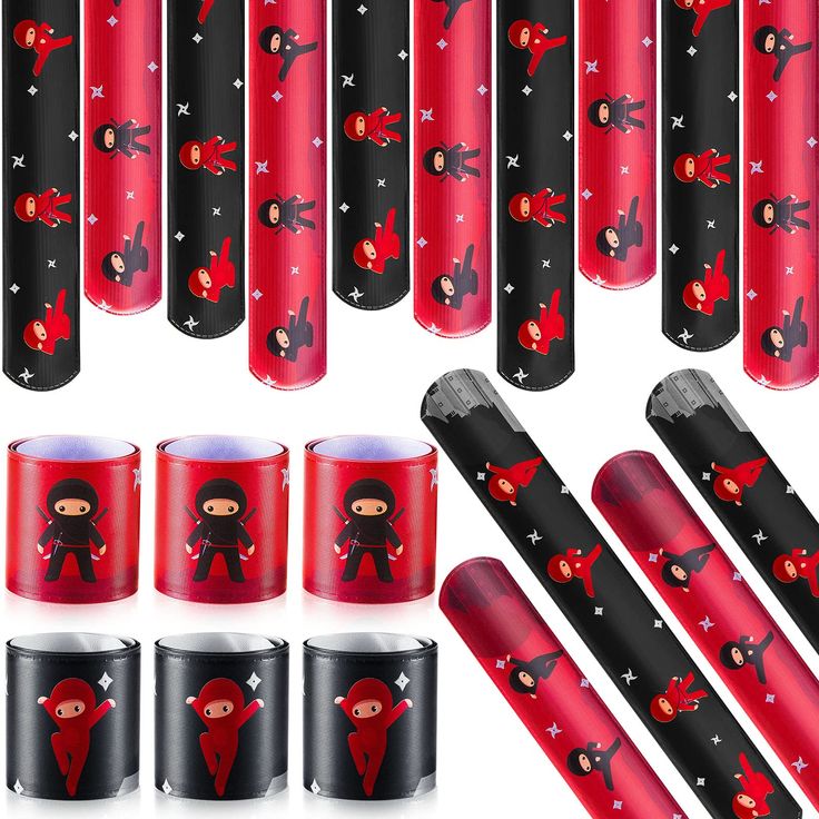 red and black stickers with cartoon characters on them, all in different shapes and sizes