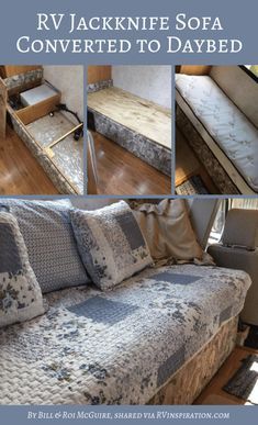 a couch that has been converted into a sofa with pillows on it and the words rv jackinfe sofa converted to daybed