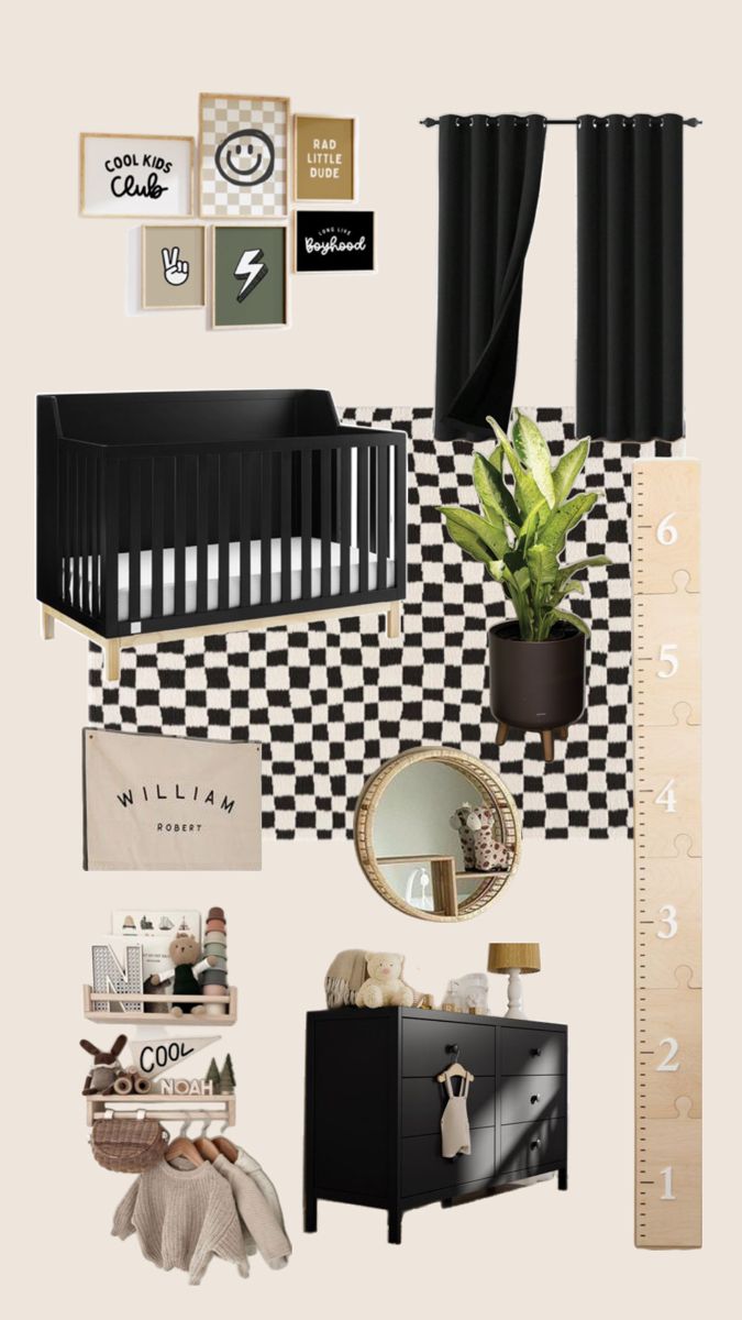 a baby's room with black and white checkered wallpaper, crib bedding, dresser, mirror, potted plant and other items