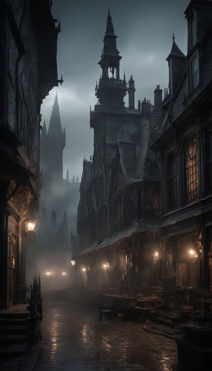 an image of a city street at night with lights on and fog in the air