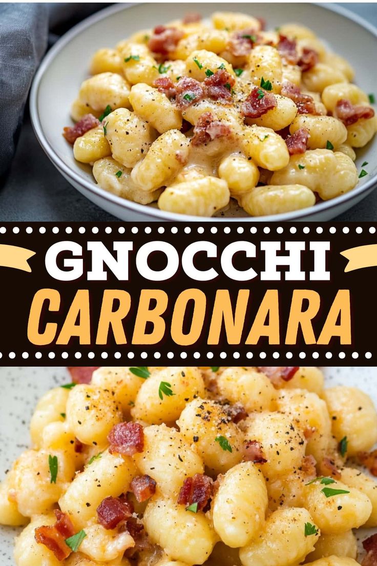 this is an image of gnocchi carbonara with bacon