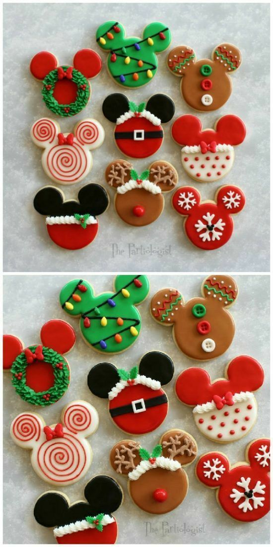 mickey and minnie mouse cookies decorated with icing, candy canes and christmas decorations