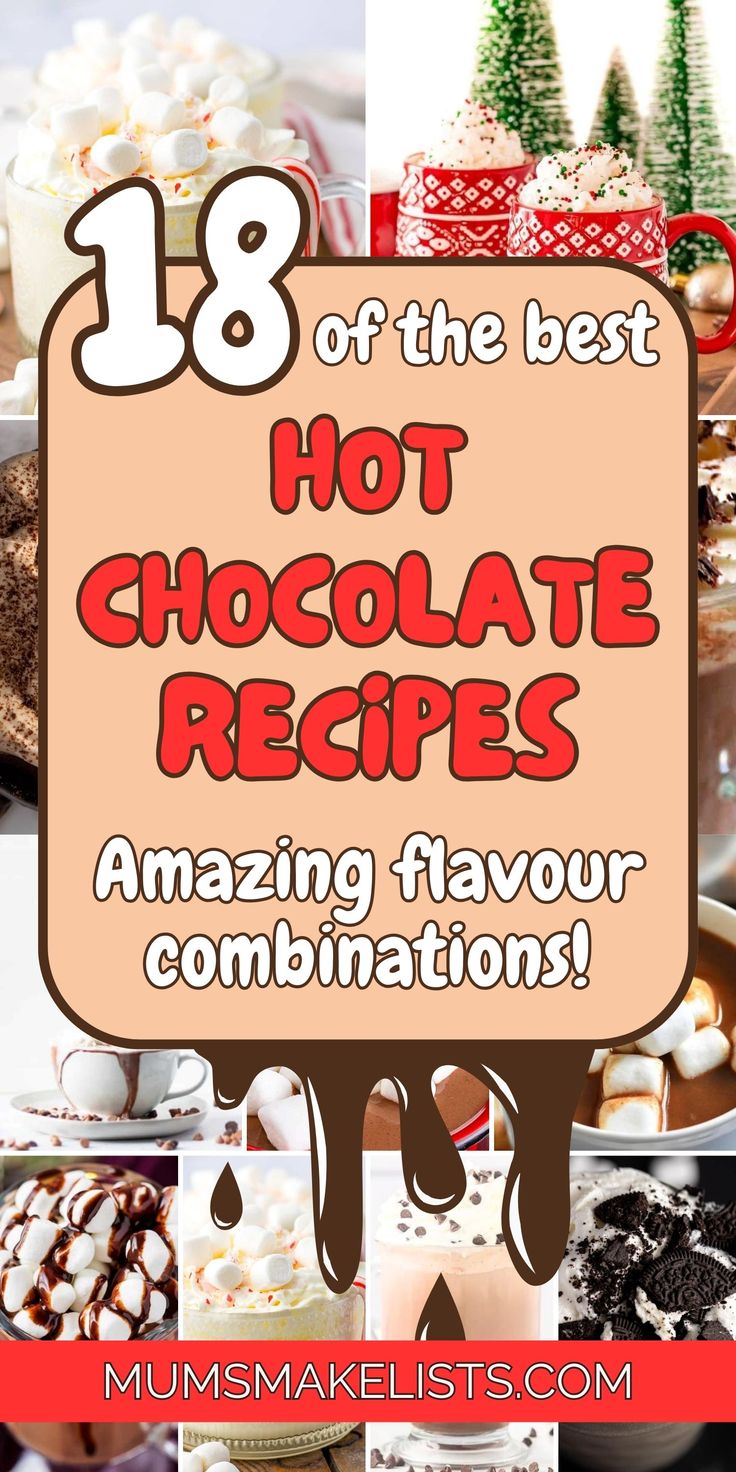 Lots of different hot chocolates in glasses and cups. Slow Cooker Hot Chocolate Recipe, Crock Pot Hot Chocolate Recipe, Slow Cooker Hot Chocolate, Crock Pot Hot Chocolate, Easy Hot Chocolate, Best Hot Chocolate Recipes, Hot Chocolate Recipe Homemade, Flavour Combinations, Crockpot Hot Chocolate