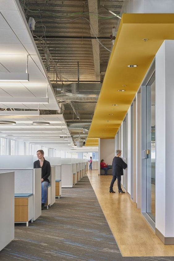 two men are sitting at cubicles in an office building with yellow ceilinging and white walls