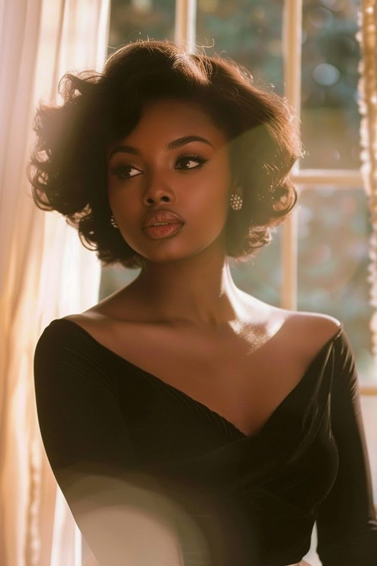 Dark Skin Photoshoot Ideas, Old Money Black Women Aesthetic, Vintage Elegant Hairstyles, Old Hollywood Glamour Hair Black Women, Regal Black Hairstyles, 50s Hair Black Women, Vintage Black Glamour 1950s, Old Hollywood Hairstyles Black Women, Black Women Portrait Photography