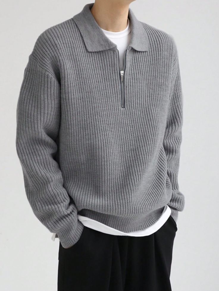 Grey Casual Collar Long Sleeve Fabric Plain Pullovers Embellished upper cuff circumference  Men Clothing Sweater Outfits Men, Round Neck Cardigan, Herren Style, Oversize Pullover, Guys Clothing Styles, Herren Outfit, Drop Shoulder Sweaters, Men Fashion Casual Outfits, Knitwear Men