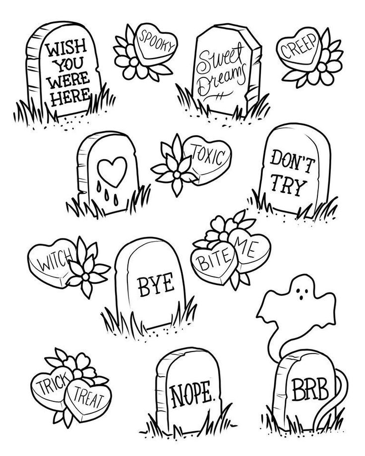 black and white drawing of tombstones with flowers