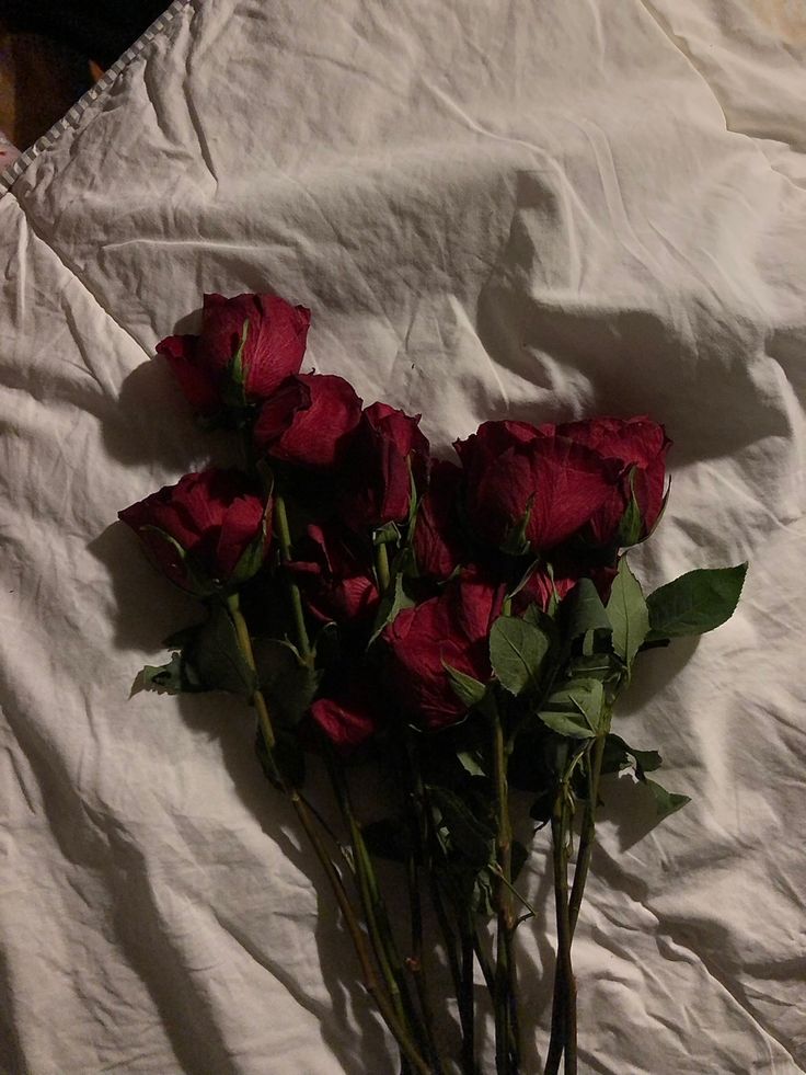 a bunch of red roses are laying on a white sheet and there is no image here to provide a caption for