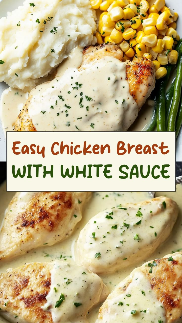 chicken breast with white sauce and green beans on the side is shown in this image