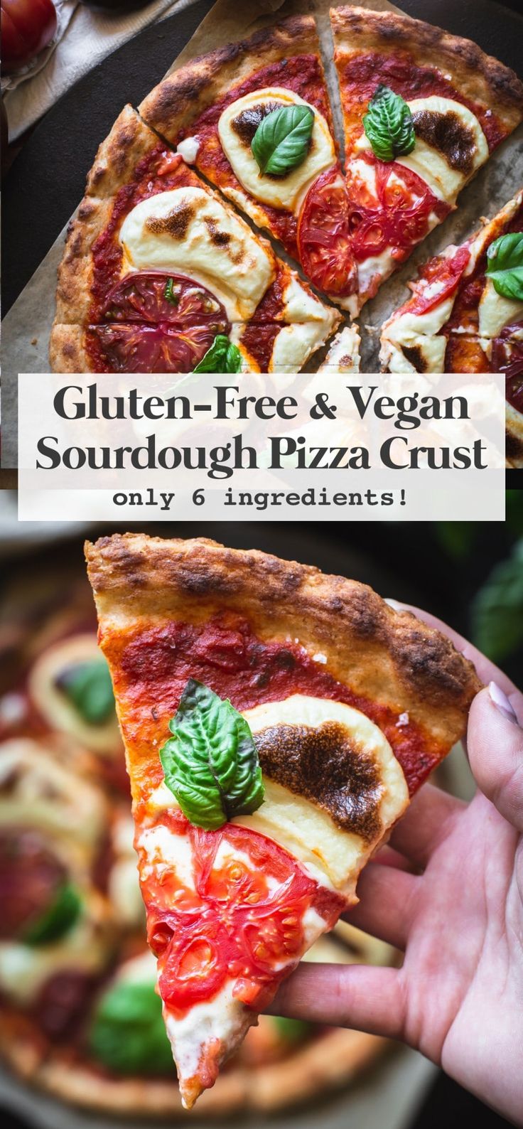 a person holding a slice of pizza with the words gluten - free and vegan sourdough pizza crust on it