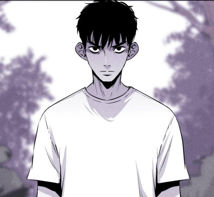 an anime character with black hair wearing a white t - shirt and looking at the camera