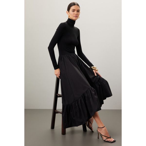 Black cotton blend (Bodice 95% Viscose, 5% Elastane/Skirt 70% Cotton, 28% Polyester, 2% Elastane). A-line. Long sleeves. Turtleneck. Pull on. 45.5" from shoulder to hemline. Imported. Caroline Constas, Tiered Midi Dress, Rent The Runway, Closet Designs, Black Cotton, High Fashion, Bodice, A Line, Turtle Neck