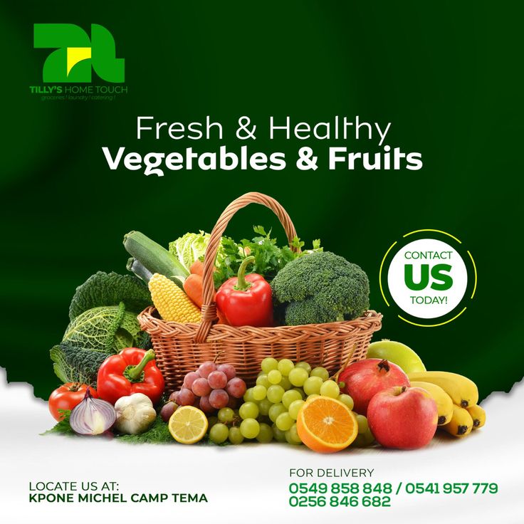 fresh and healthy vegetables & fruits advertisment with green background for food delivery