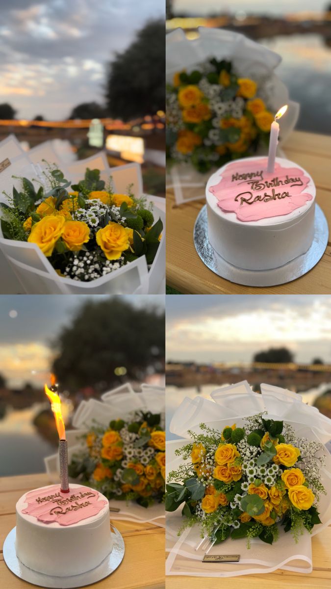 four photos of a birthday cake with flowers and a lit candle in the middle, on top of a table