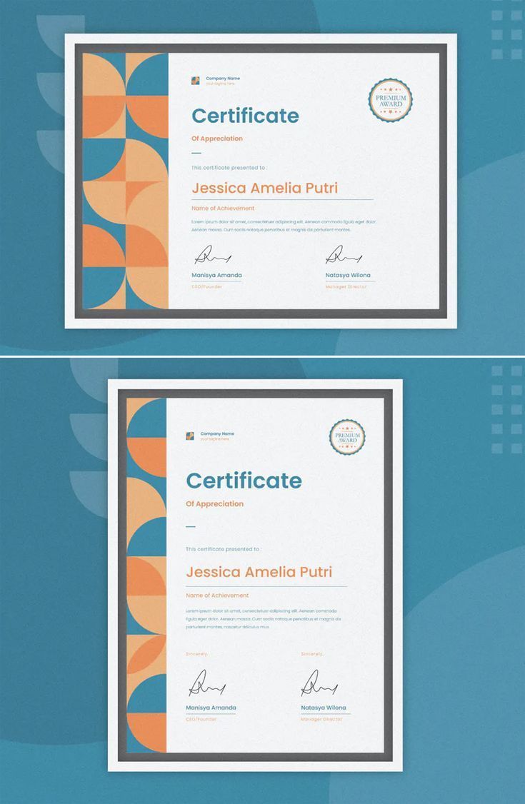 two certificates with orange and blue designs on them