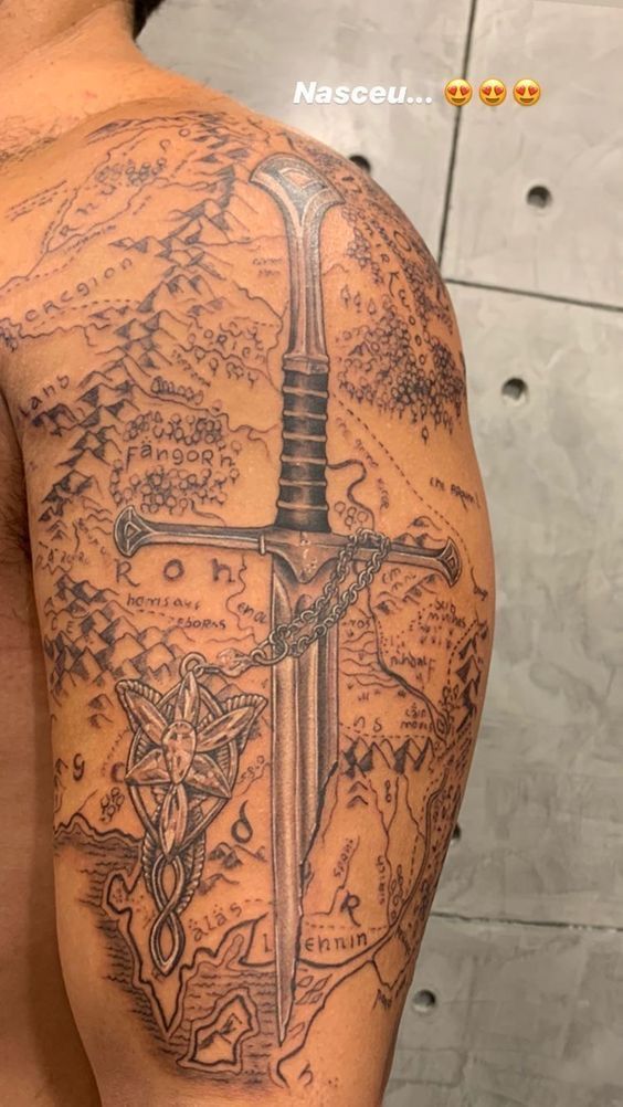 Lotr Tattoo Ideas For Men, Elven Tattoo Tolkien, Shire Tattoos, Lotr Map Tattoo, Lord Of The Rings Sleeve Tattoo, Lotr Tattoo Sleeve, Lotr Tatoos, Lotr Sleeve Tattoos, Lord Of The Rings Tattoo Sleeve