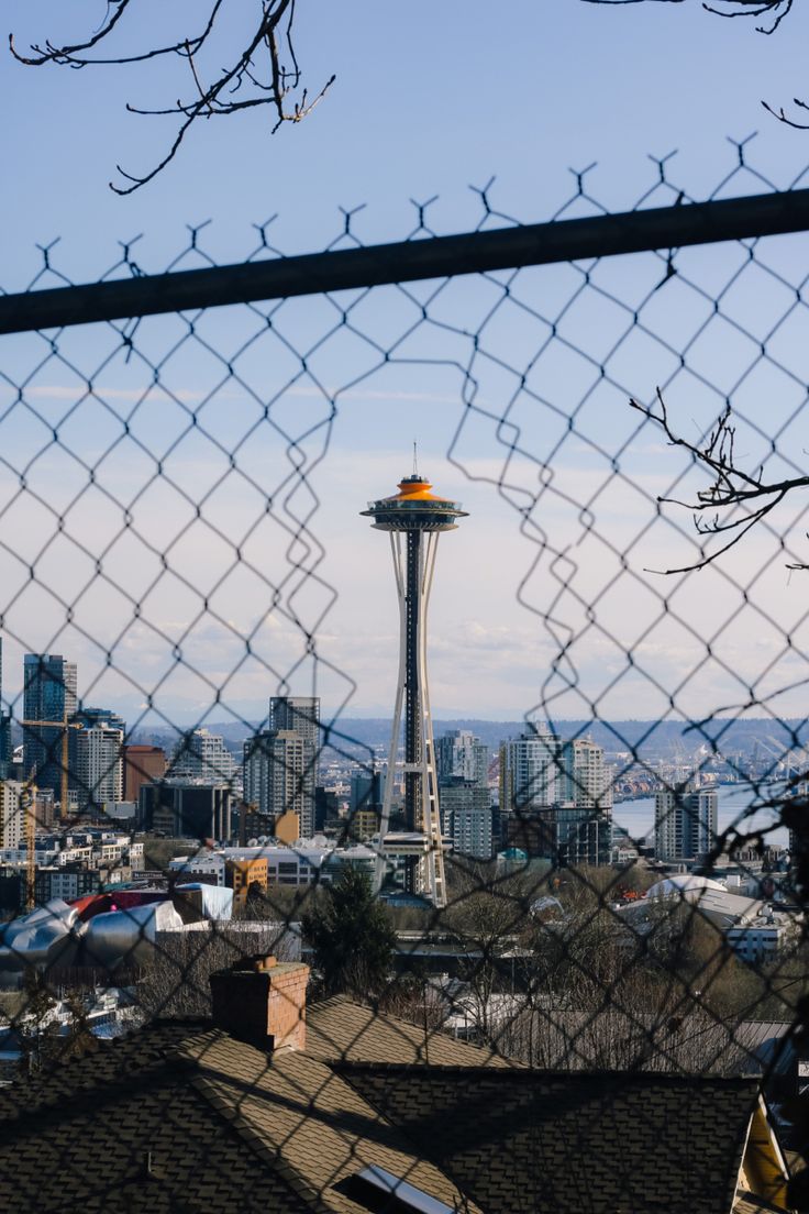 the space needle as seen through a chain link fence