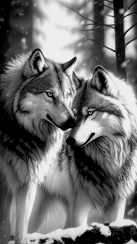 two wolfs standing next to each other in front of trees and snow covered ground