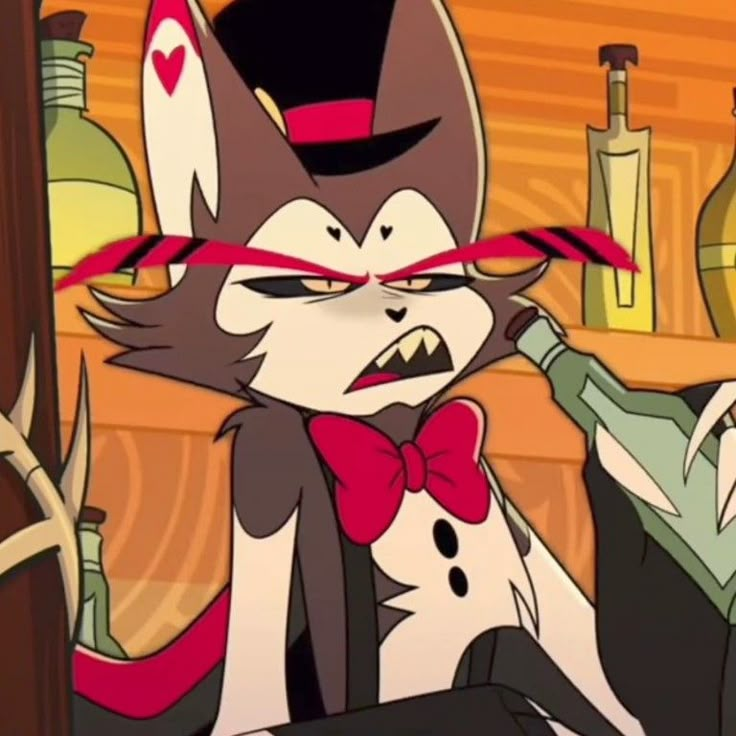 an animated image of a cat wearing a top hat and bow tie with wine bottles in the background