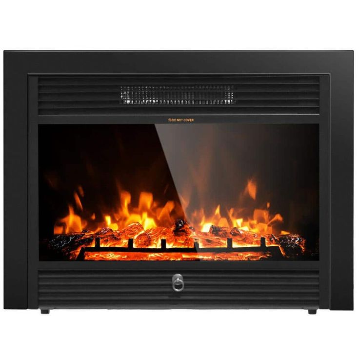 an electric fireplace with flames on the side and black frame, in front of a white background