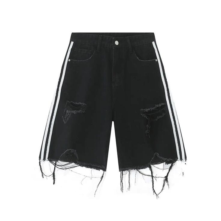 These shorts are the perfect addition to your summer wardrobe. Crafted from lightweight denim fabric, they feature a classic ripped design and unisex fit. The distressed detailing and side stripes add a stylish touch, while the raw hemline gives them a cool, edgy look. Shorts Design Ideas, Men Summer Streetwear, Black Jeans Shorts, Shorts Design, Summer Shorts Denim, Y2k Shorts, Ripped Denim Shorts, Shorts Fashion, Black Jean Shorts