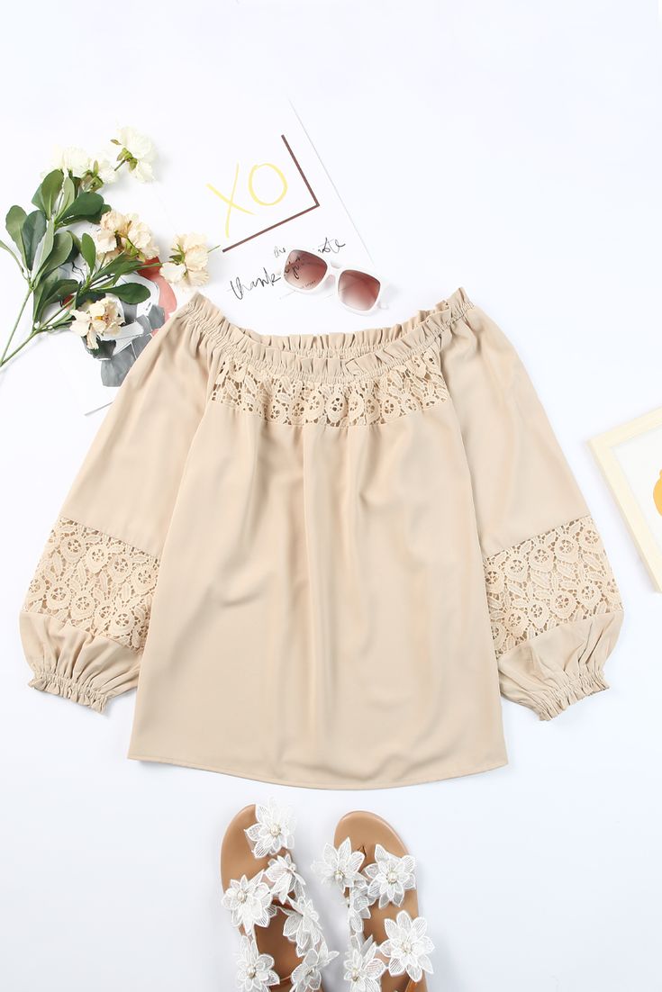 Apricot Crochet Hollow-out Off-shoulder Blouse Fall Off-shoulder Tops With Lace Trim, Off-shoulder Lace Top Blouse For Summer, Spring Off-shoulder Lace Blouse, Spring Off-shoulder Lace Top With Lace Trim, Off-shoulder Lace Top Blouse For Spring, Off-shoulder Lace Blouse For Spring, Off-shoulder Solid Color Blouse For Brunch, Beige Off-shoulder Summer Tops, Stylish Crochet