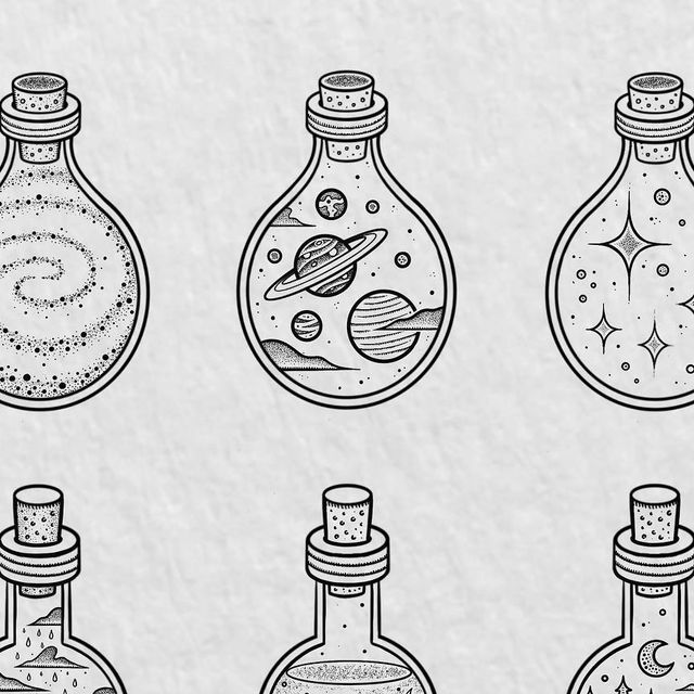 four bottles with different designs on them and some stars in the top one is filled with liquid