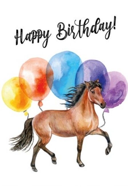 a birthday card with a horse holding balloons