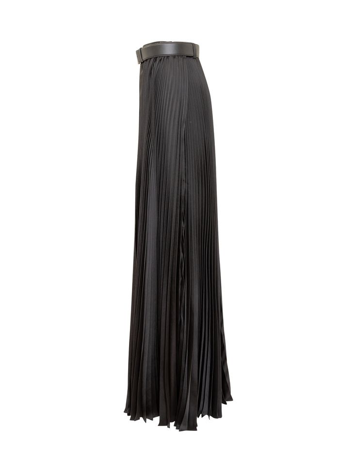 Black long skirt. Zipper and belt closure. Inner mini skirt. Outer pleated long skirt.Composition: Outside:, 100% Polyester -, 100% Leather Pleated Flared Maxi Skirt For Evening, Evening Pleated Flared Maxi Skirt, Black Pleated Skirt Dress For Evening, Elegant Spring Pleated Skirt With Belt, Elegant Pleated Skirt With Belt, Elegant Belted Skirt For Night Out, Chic Evening Belted Skirt, Black Evening Pleated Dress With Pleated Skirt, Black Evening Pleated Dress