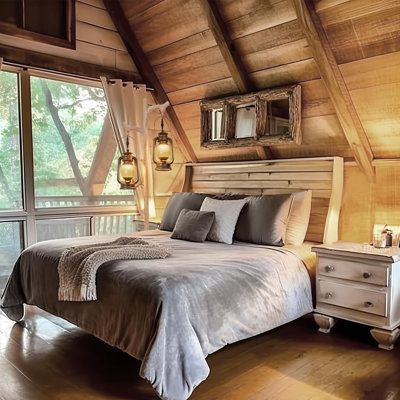 a bedroom with wood floors and a large bed in the middle of it's room